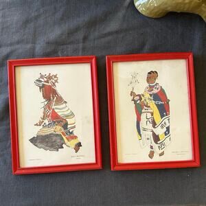 2 Barbara Tyrrell Prints framed set vintage baca matron Ndebele matron red 8x7”